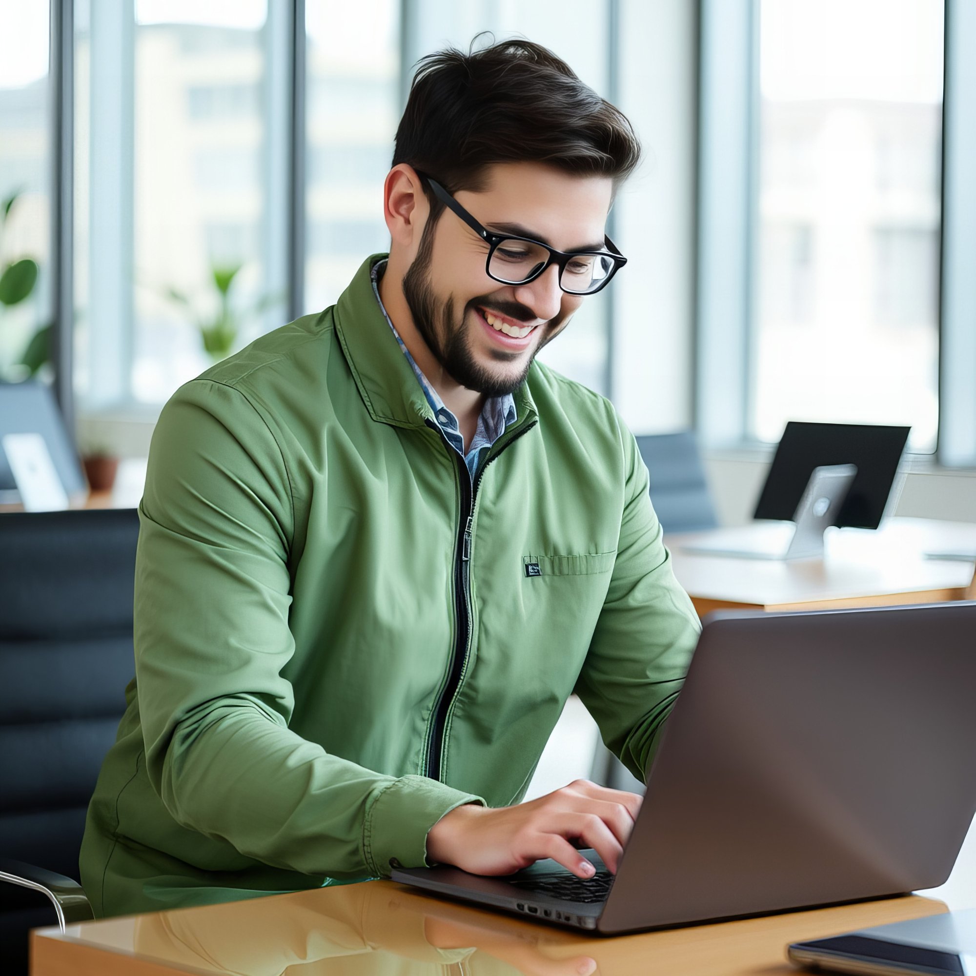 man-green-shirt-is-working-laptop