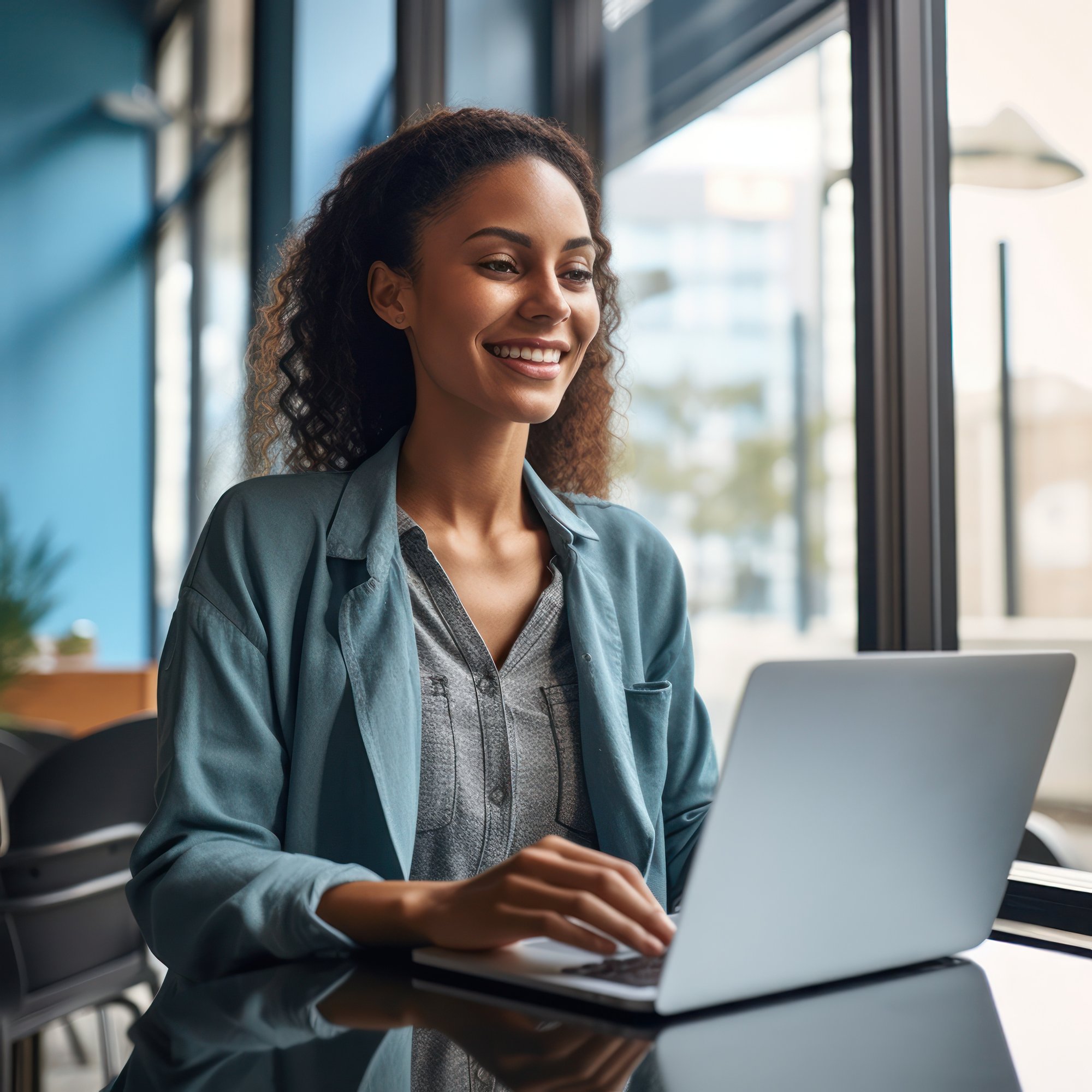 photo-joyful-nice-woman-using-laptop-beautiful-businesswoman-typing-laptop-generative-ai