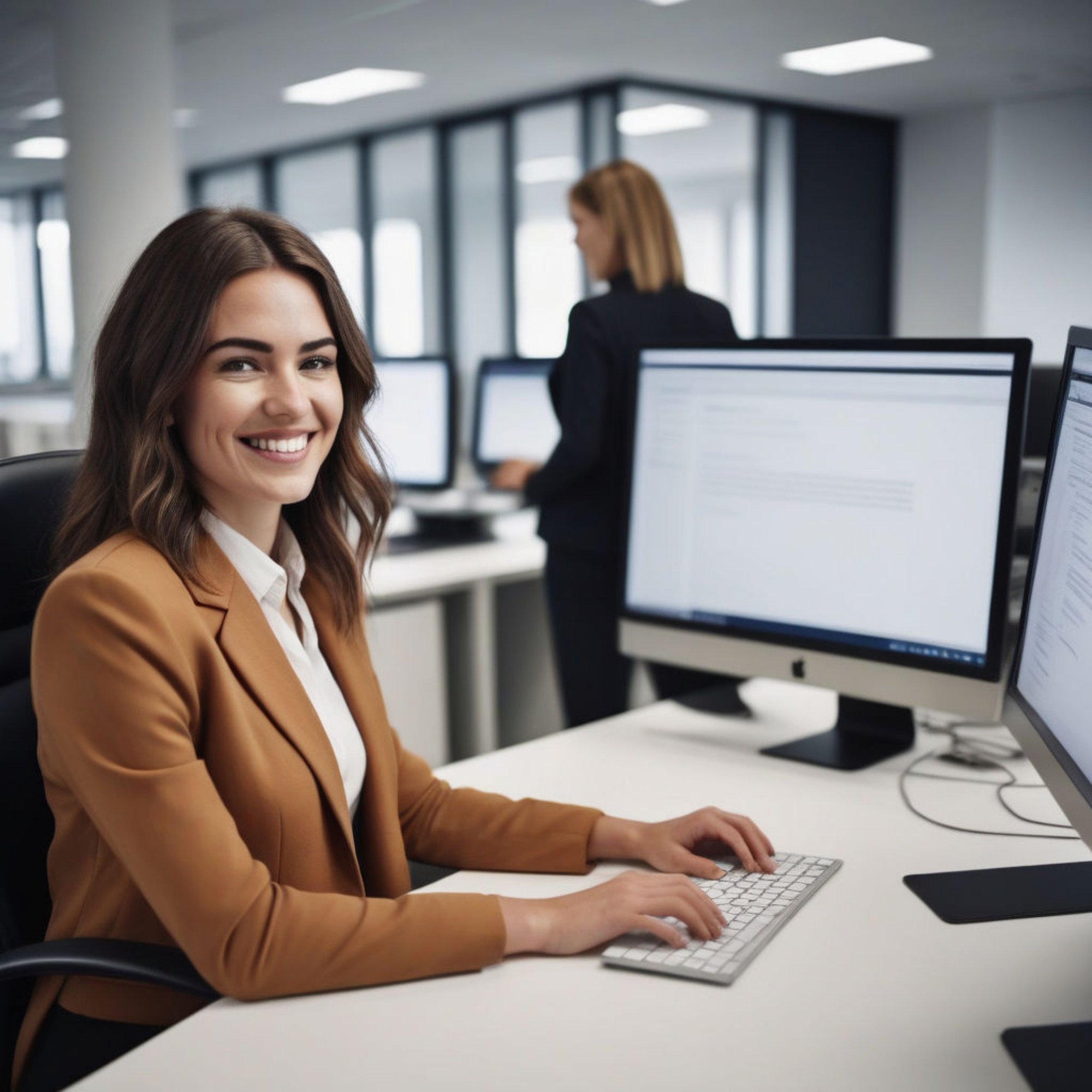 woman-is-sitting-desk-with-computer-monitor-that-says-mac